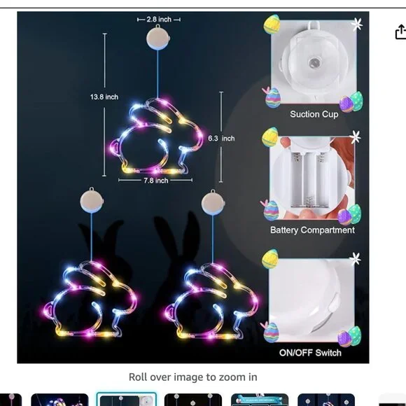 Bunny Shaped Multicolor Battery Operated Hanging String Lights with Suction Cup, - Picture 3 of 7